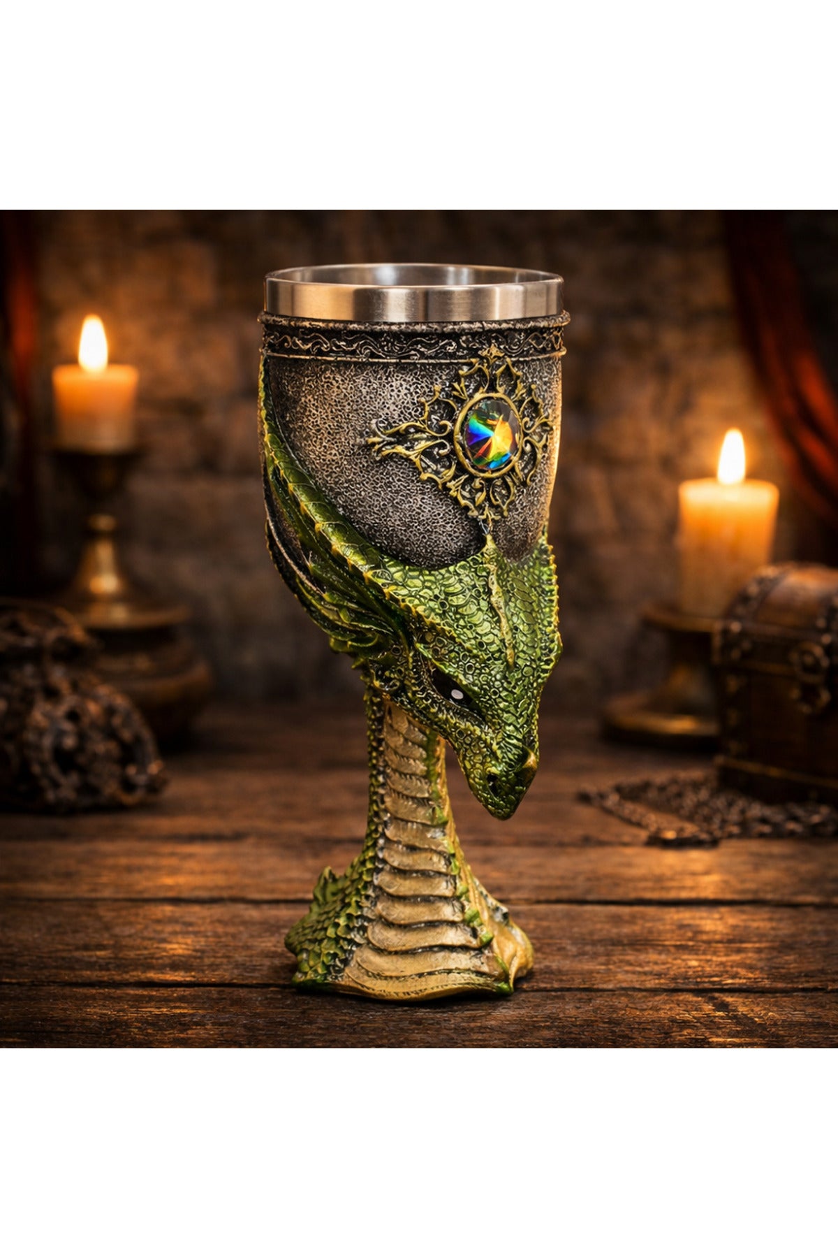 Fantasy Ejderha Figürlü 3D Kabartmalı Orta Çağ Tasarım Dekoratif Kadeh Bardak Metal İç Hazneli