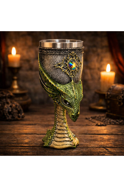 Fantasy Ejderha Figürlü 3D Kabartmalı Orta Çağ Tasarım Dekoratif Kadeh Bardak Metal İç Hazneli