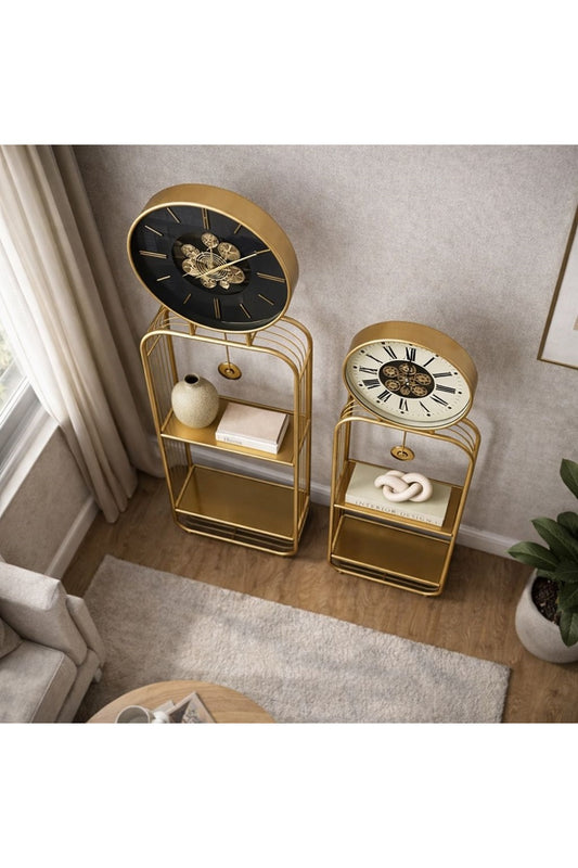 2'Lİ Gold Metal Çark Mekanizmalı Saatli Dekoratif Raf Ünitesi