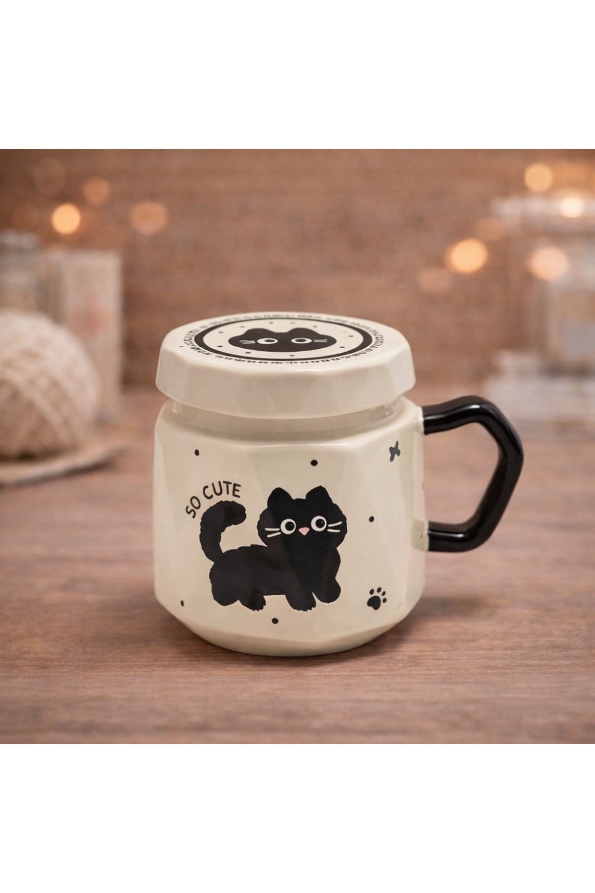 Kedi Baskılı Kapaklı Seramik Kupa Bardak Kawaii Tasarım Kahve Fincanı Hediyelik Ofis