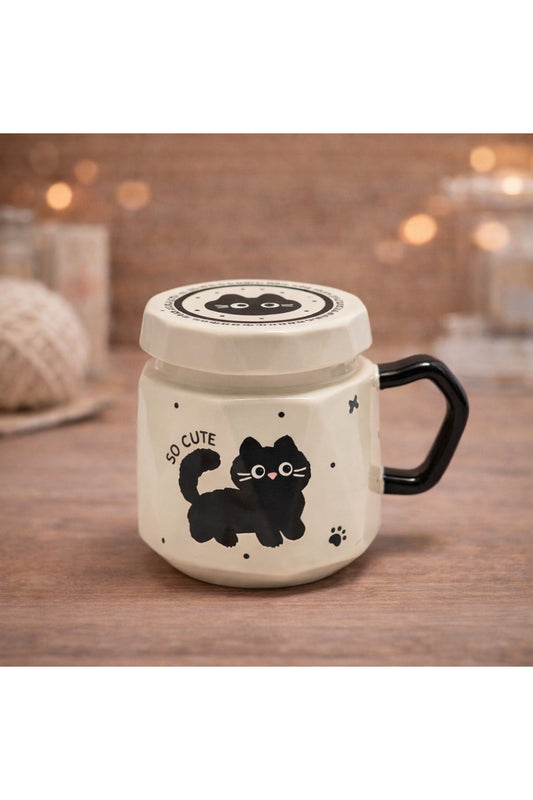 Kedi Baskılı Kapaklı Seramik Kupa Bardak Kawaii Tasarım Kahve Fincanı Hediyelik Ofis