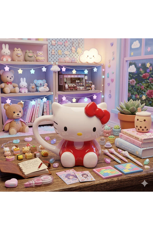 Hello Kitty 3D Kabartmalı Figürlü Seramik Kupa - Özel Tasarım Kawaii Hediye ve Koleksiyon Kupası