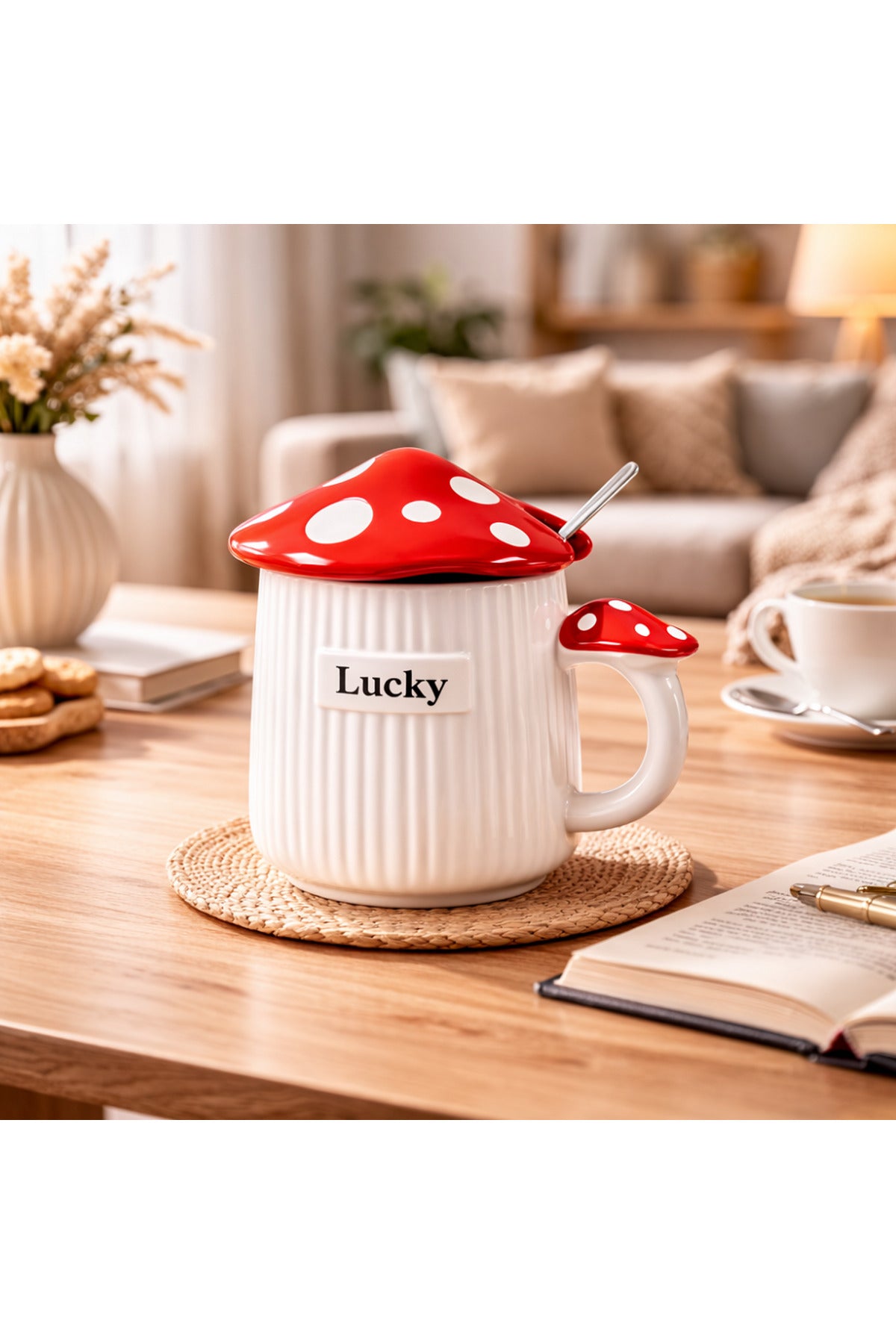 500ml Lucky Mantar Tasarımlı Kapaklı Seramik Kupa – Kaşıklı Mavi Dekoratif Kahve Kupası