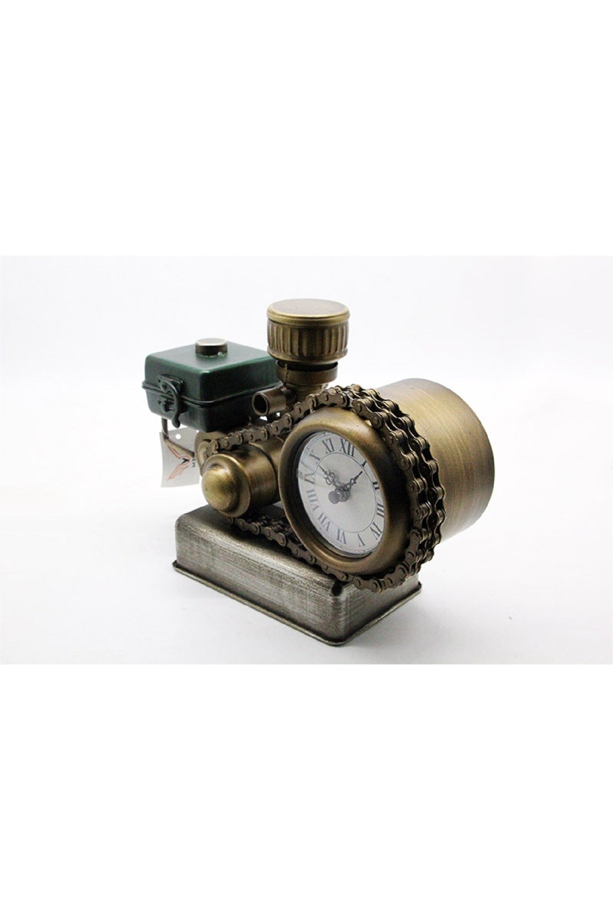 Retro Endüstriyel Motor Tasarımlı Metal Masa Saati – Zincir Detaylı Antik Bronz Dekoratif Saat