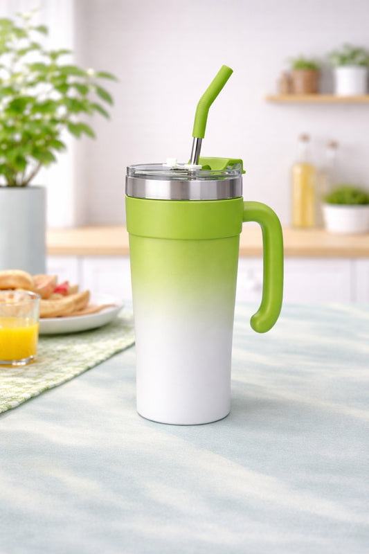 Paslanmaz Çelik Pipetli Termos Bardak Kulplu Taşınabilir Soğuk Sıcak İçecek Kupası