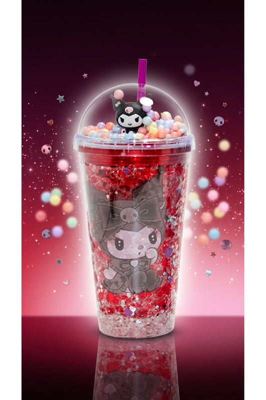 400Ml My Melody & Kuromi Figürlü Simli Pipetli Bardak – Kawaii Tasarım Kapaklı İçecek Bardağı