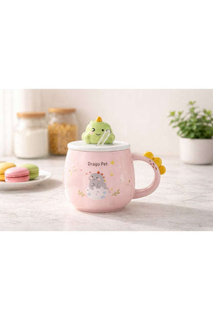 Sevimli Dinozor Kapaklı Seramik Kupa Bardak 500 ML – Pipetli Mousse Tasarımlı Kahve & Çay Kupası