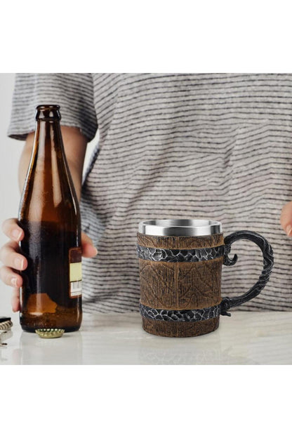 Viking Ahşap Tarzı Vintage 450ml Kabartmalı Kupa Bardak