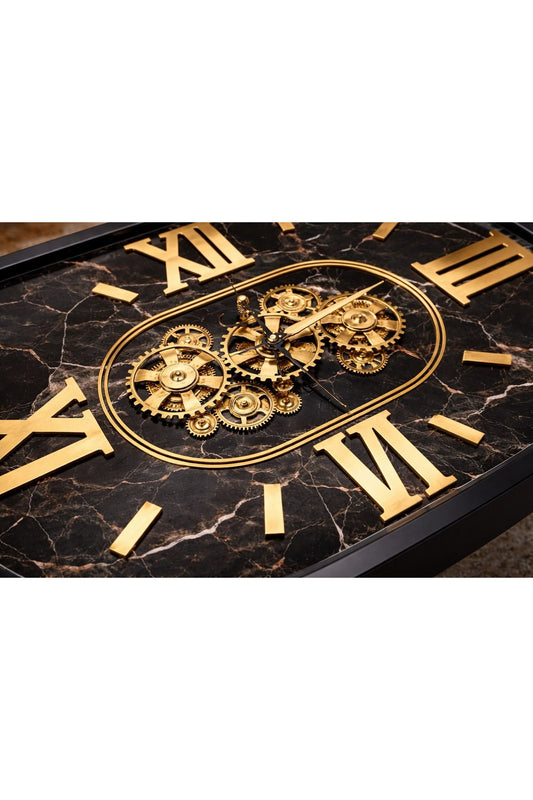 Metal Çark Detaylı Oval Orta Sehpa Saat – Lüks Siyah Mermer Desen