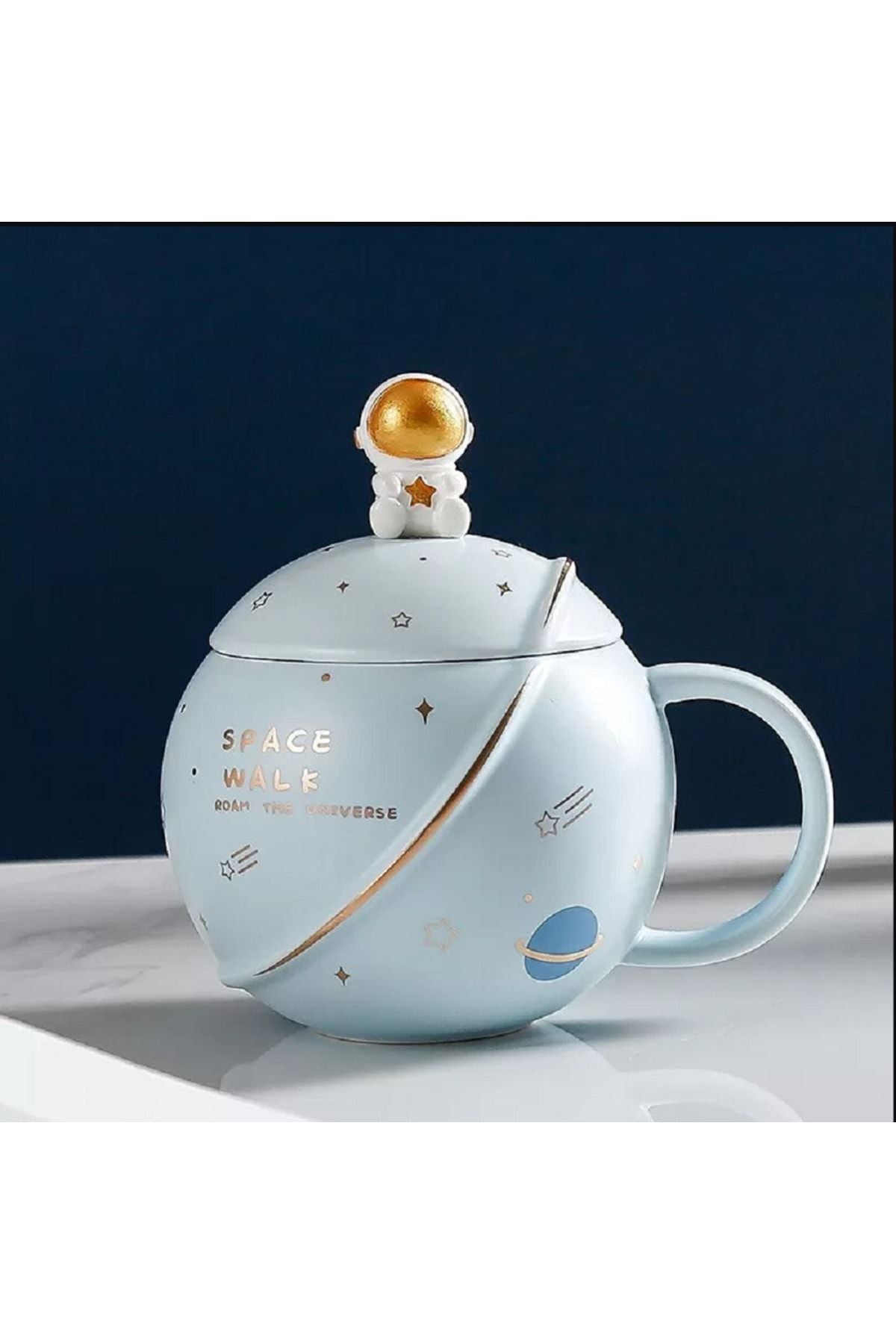 400ml Uzay Seramik Kaşıklı Fincan Kapak Sevimli Astronot Kupa