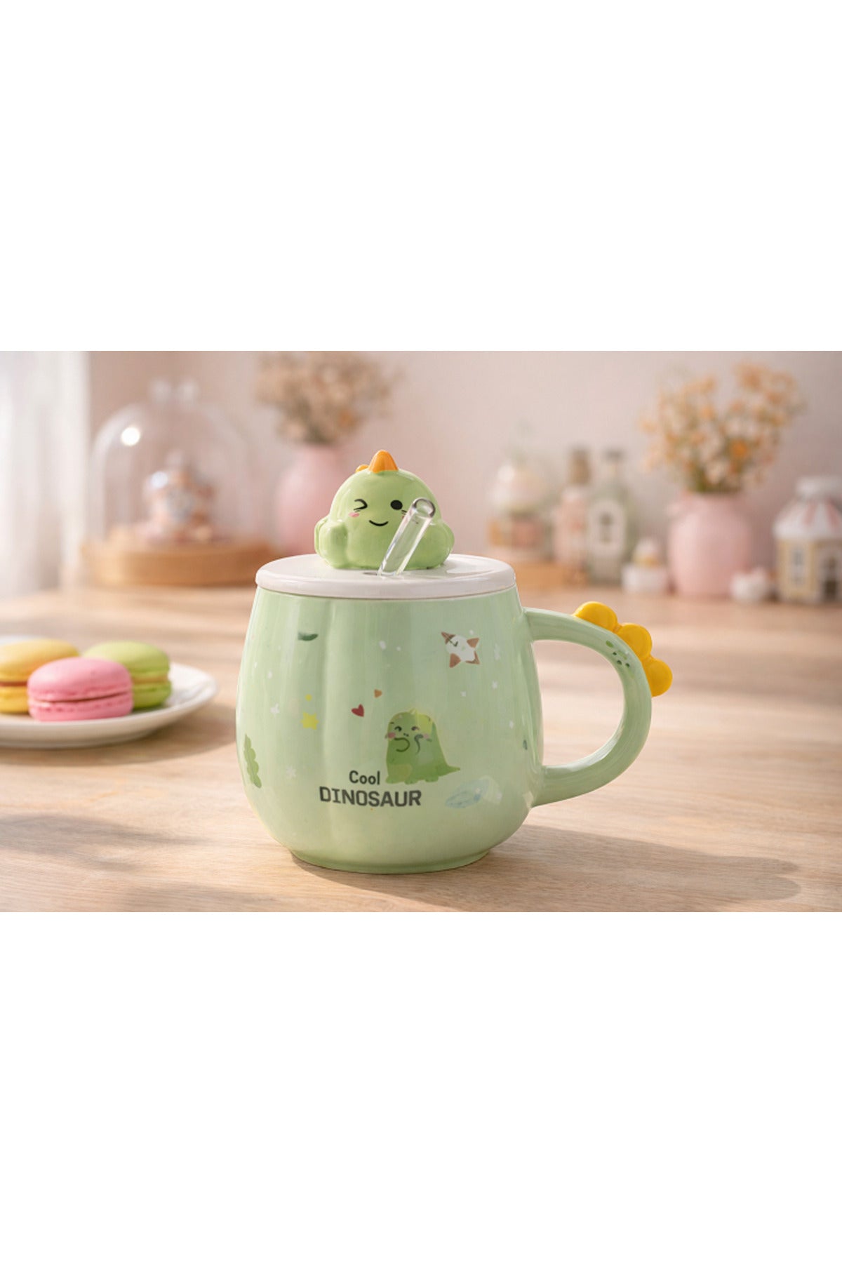 Sevimli Dinozor Kapaklı Seramik Kupa Bardak 500 ML – Pipetli Mousse Tasarımlı Kahve & Çay Kupası