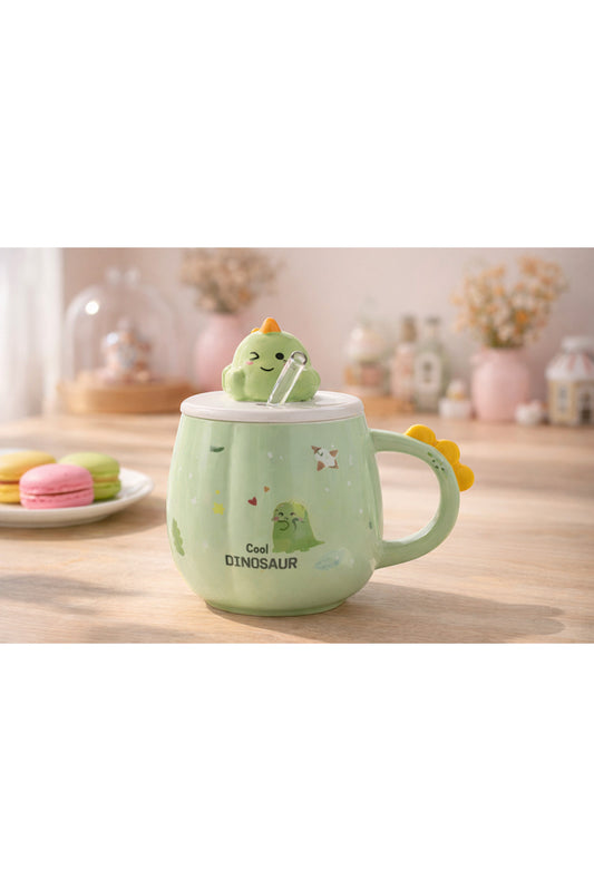 Sevimli Dinozor Kapaklı Seramik Kupa Bardak 500 ML – Pipetli Mousse Tasarımlı Kahve & Çay Kupası