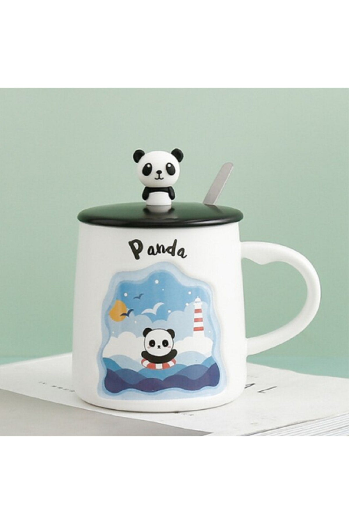 400ml Sevimli Panda Kapaklı Kaşıklı Kupa Bardak
