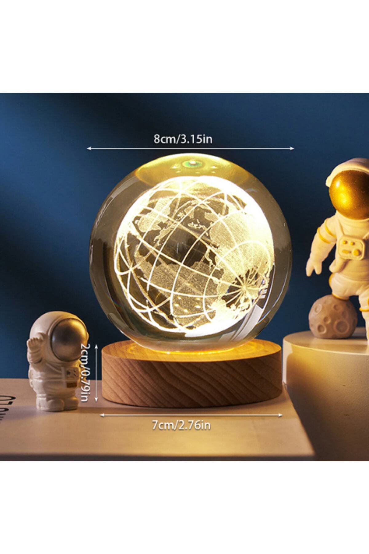 Kristal Toplu Usb Kablolu Ahşap Kaideli Dünya Küre Obje Led Işık