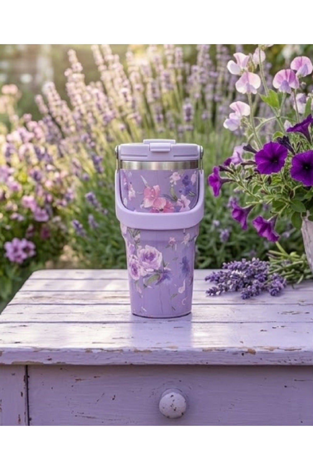 900 Ml Çiçek Desenli Termos Mug Çift Katmanlı Çelik Vakumlu Taşınabilir Şık Bardak
