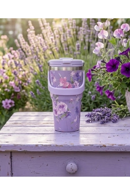900 Ml Çiçek Desenli Termos Mug Çift Katmanlı Çelik Vakumlu Taşınabilir Şık Bardak