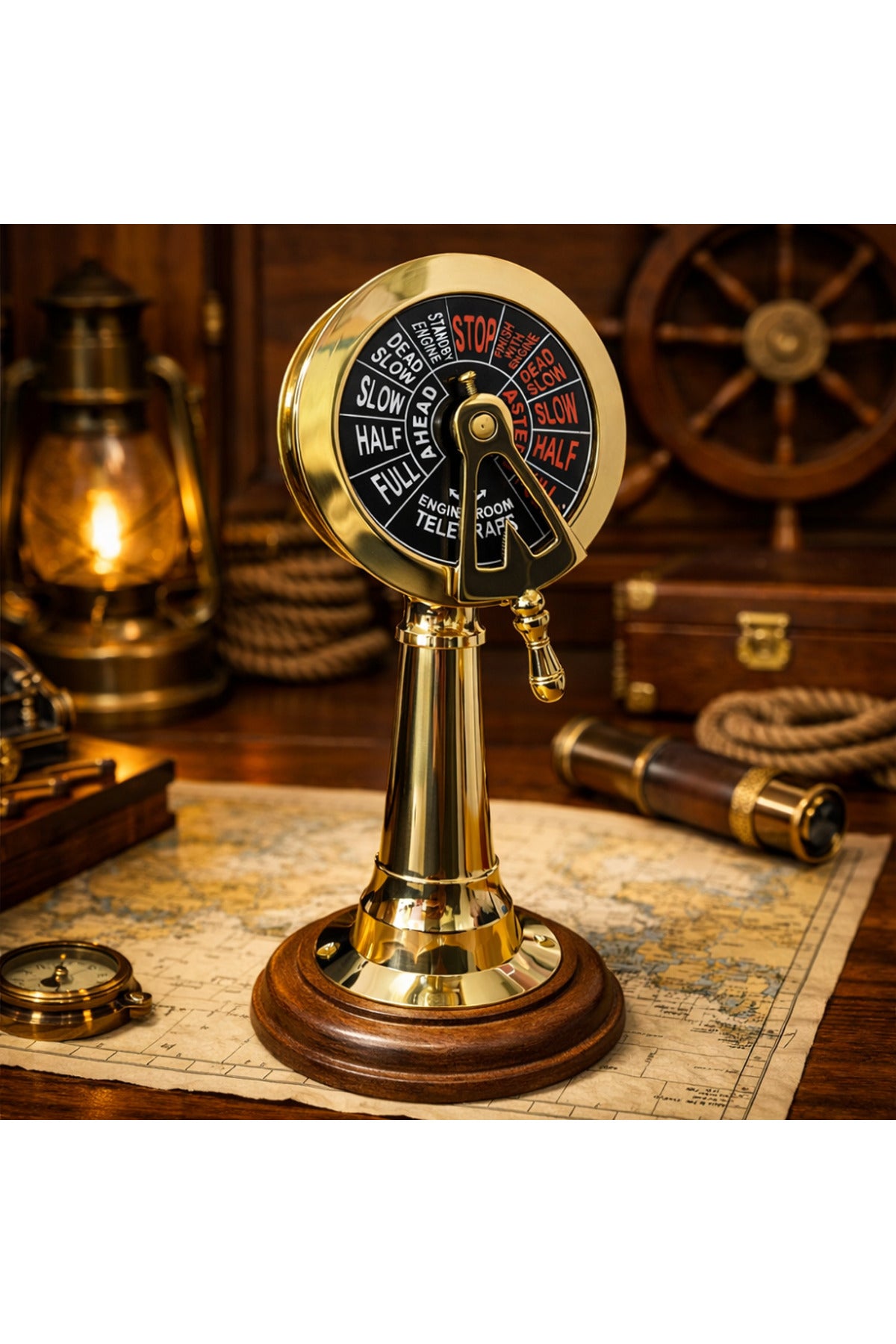 Pirinç Denizci Telgrafı (Engine Order Telegraph) – Ahşap Kaideli Dekoratif Ofis Objesi