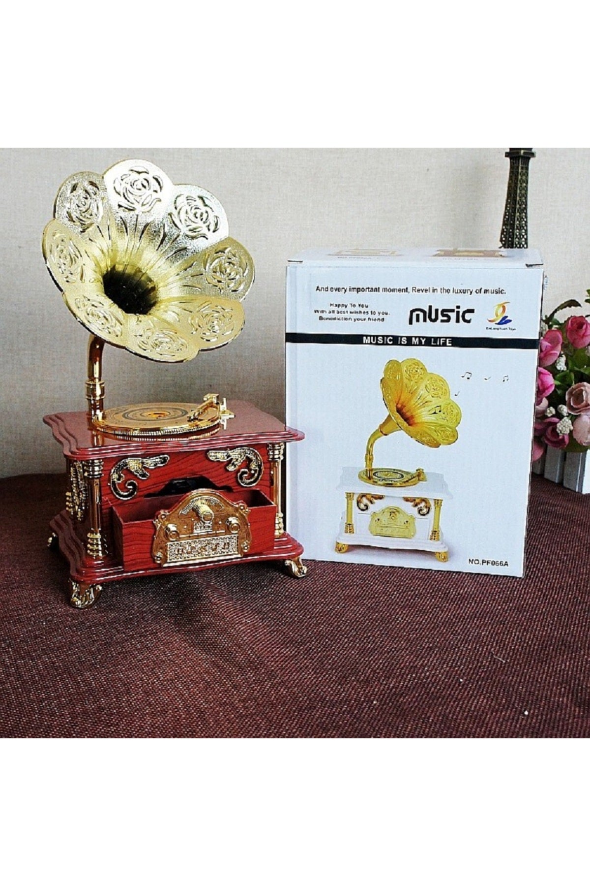 Özel Vintage Gramofon Müzik Kutusu Ve Çekmeceli Takı Aksesuar Mücevherat Kutusu