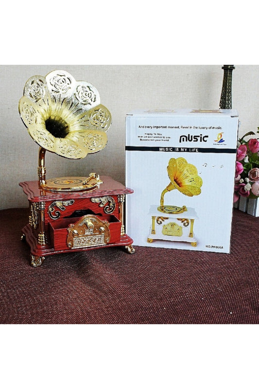 Özel Vintage Gramofon Müzik Kutusu Ve Çekmeceli Takı Aksesuar Mücevherat Kutusu