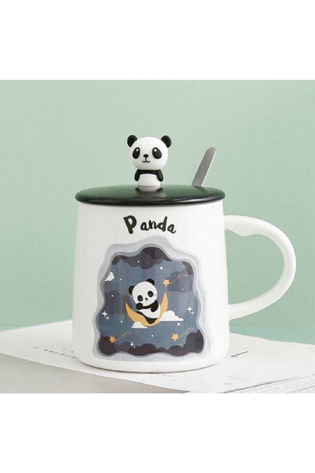 400ml Sevimli Panda Kapaklı Kaşıklı Kupa Bardak