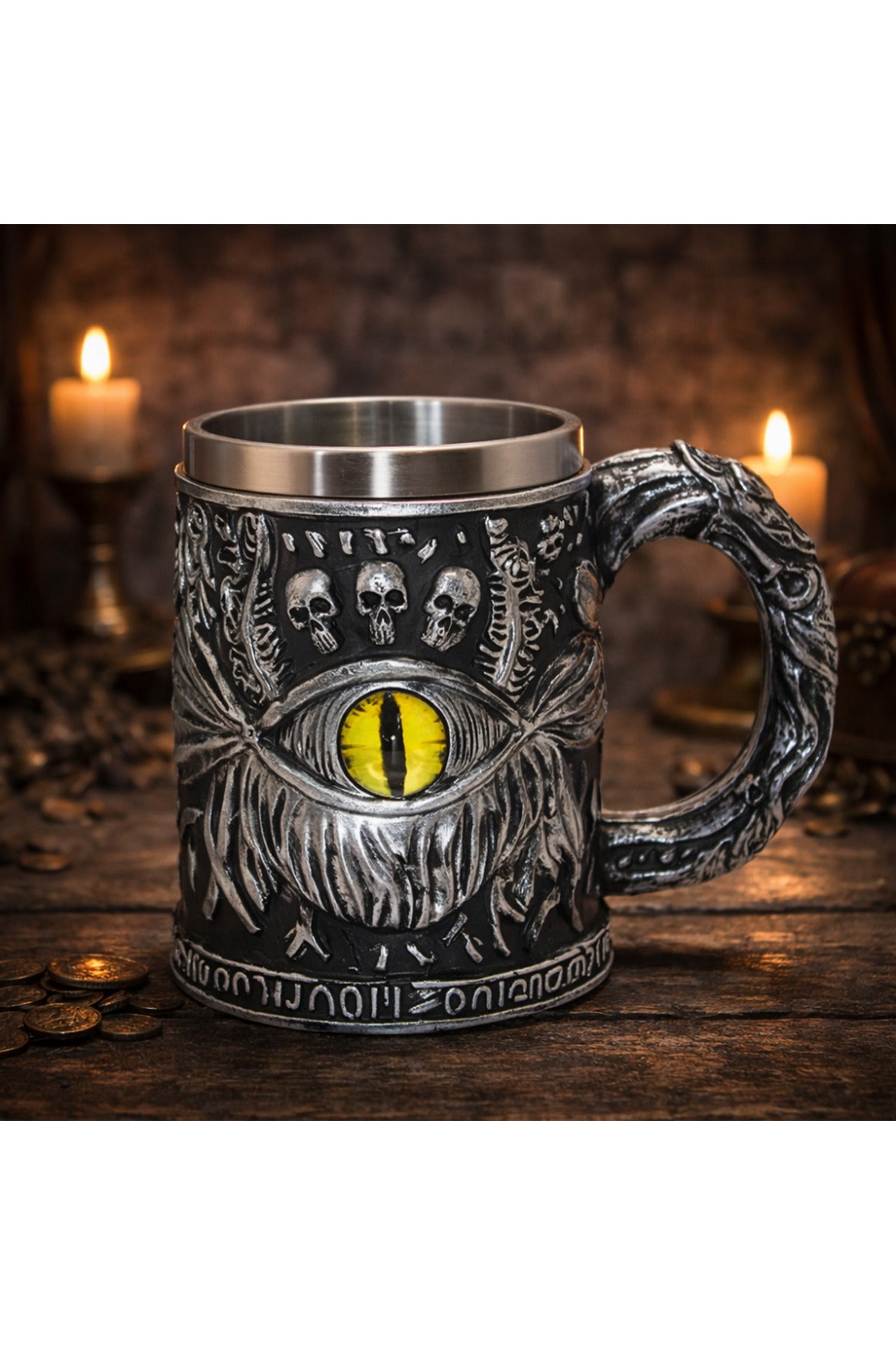 Fantastik Göz ve Kurukafa Figürlü 3D Kabartmalı Fantasy Kupa Bardak Metal İç Hazneli Dekoratif Mug