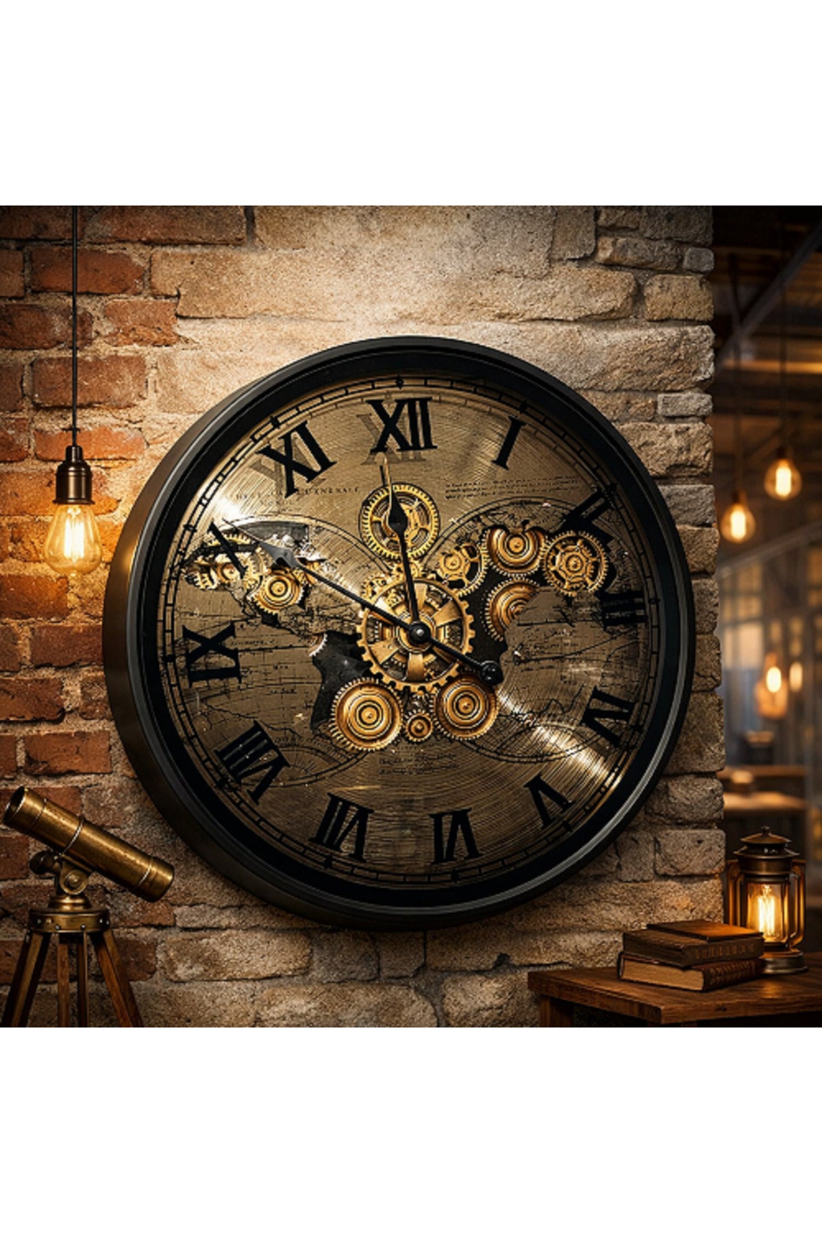 Vintage Metal Çarklı Dünya Haritalı Duvar Saati Steampunk Tasarım, Roma Rakamlı