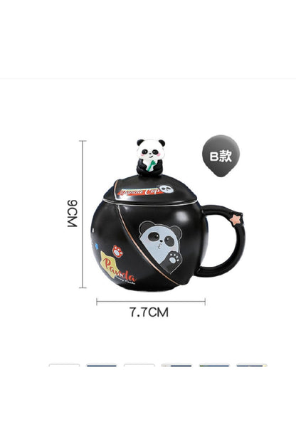 400ml Seramik Kapaklı Kaşıklı Panda Kupa Bardak Çay Kahve Bardağı Ofis Kupa Seti