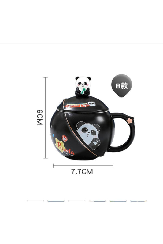 400ml Seramik Kapaklı Kaşıklı Panda Kupa Bardak Çay Kahve Bardağı Ofis Kupa Seti