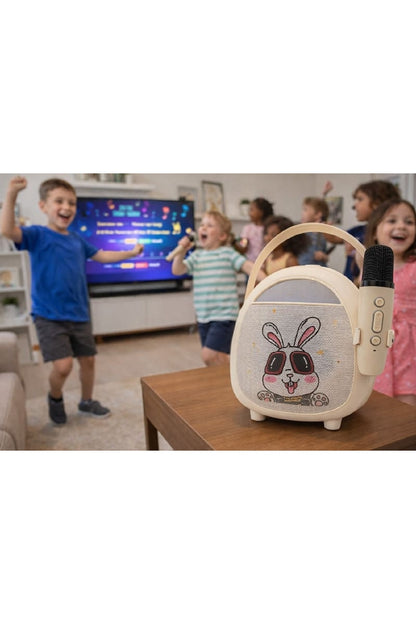 Çocuk Karaoke Mikrofon Seti Bluetooth Hoparlör Ahşap Tripod Telefon Standlı Retro Beyaz Karaoke