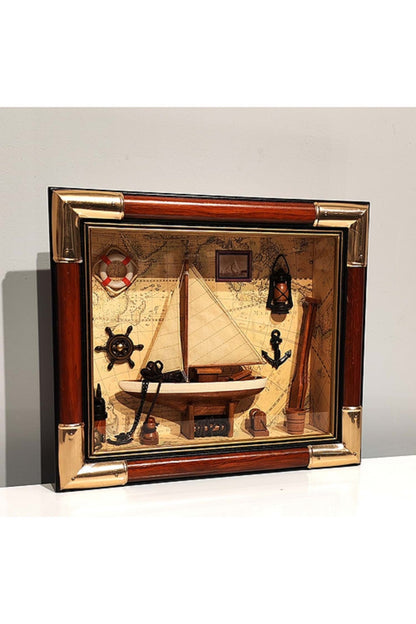 El Yapımı Ahşap Çerçeveli Denizci Düğüm Panosu ve Yelkenli Gemi Maketi (36x31 cm)