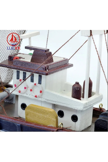 Mavi Ahşap Balıkçı Teknesi Yelkenli Modeli Ev Dekorasyon Dekoratif Obje Bilo