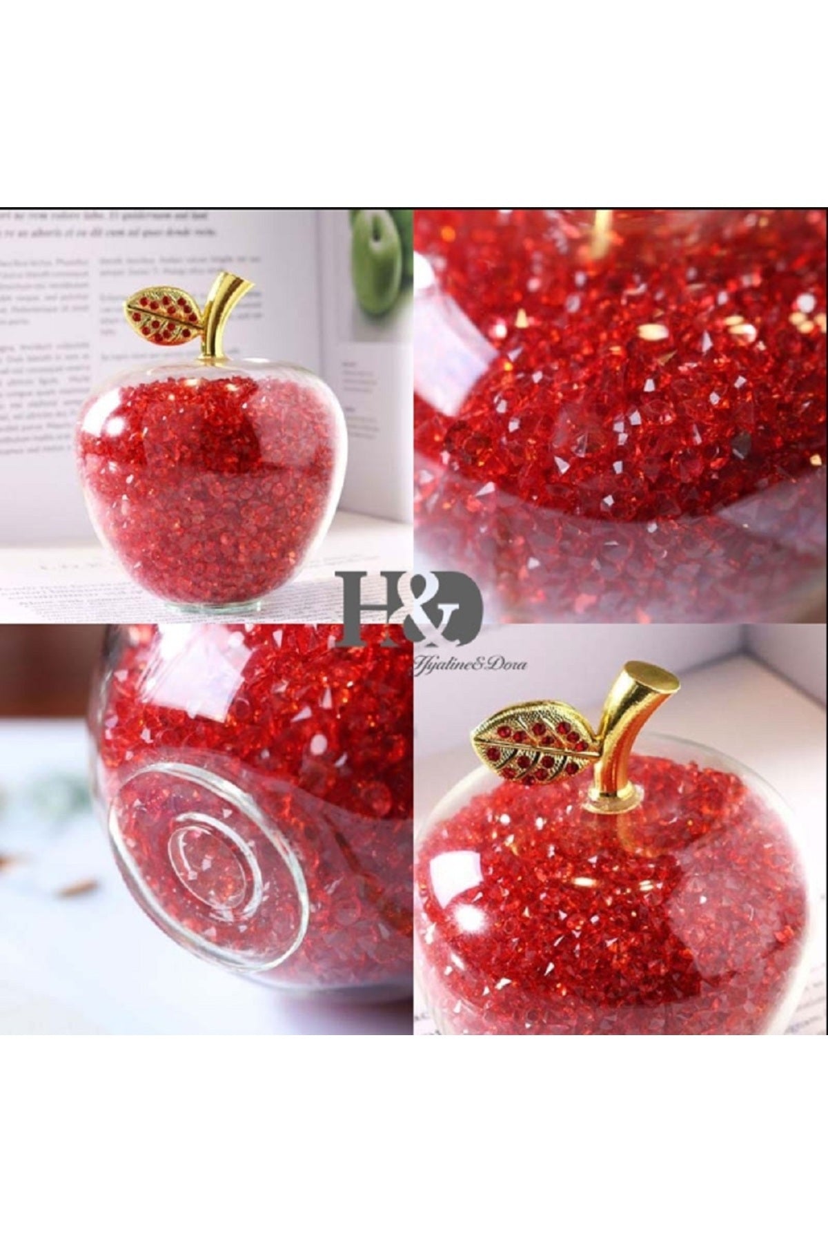 H&D Kırmızı Kristal Cam Elma Heykelcik Paperweight Rhinestones İle Ev Dekor Noel Dekorasyon