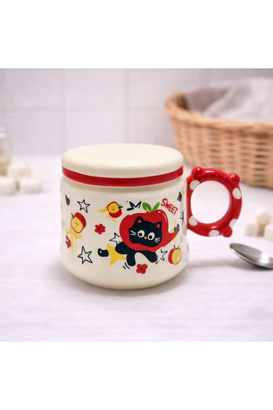 Sevimli Kedi Desenli Kapaklı Seramik Kupa Bardak Kahve Fincanı Kawaii Hediyelik Ofis