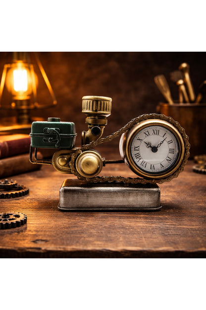 Retro Endüstriyel Motor Tasarımlı Metal Masa Saati – Zincir Detaylı Antik Bronz Dekoratif Saat