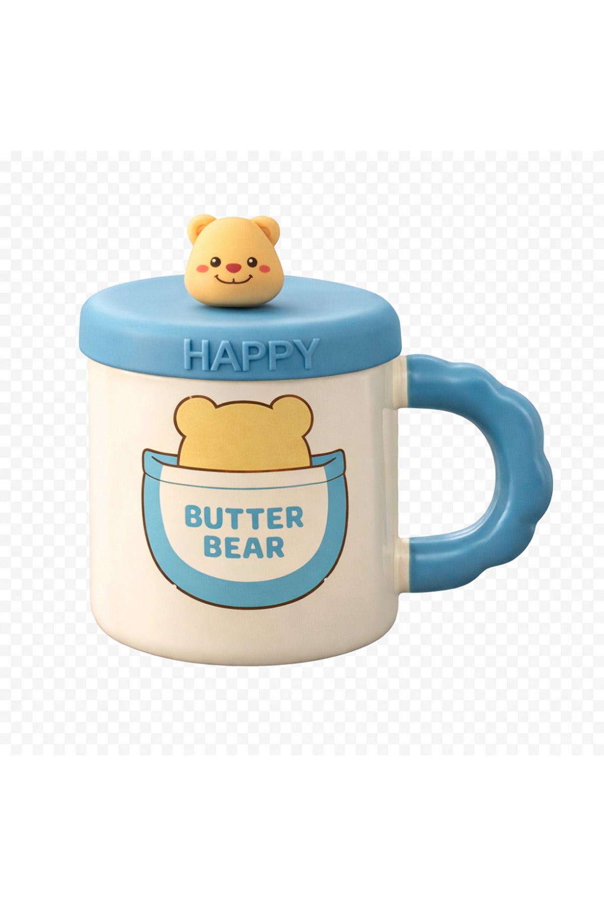 500 ML Kapaklı Kaşıklı Butter Bear Seramik Kupa – Sevimli Ayıcık Tasarım