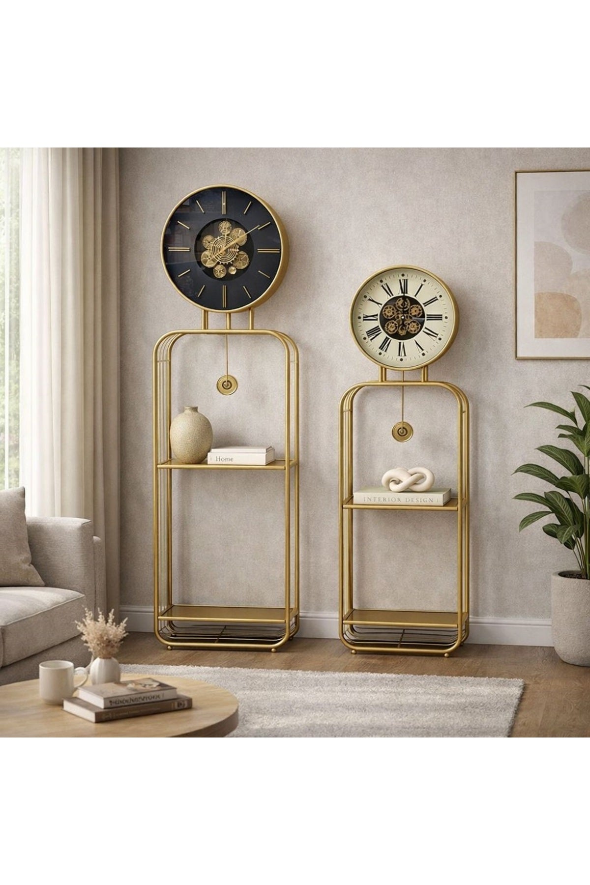 2'Lİ Gold Metal Çark Mekanizmalı Saatli Dekoratif Raf Ünitesi
