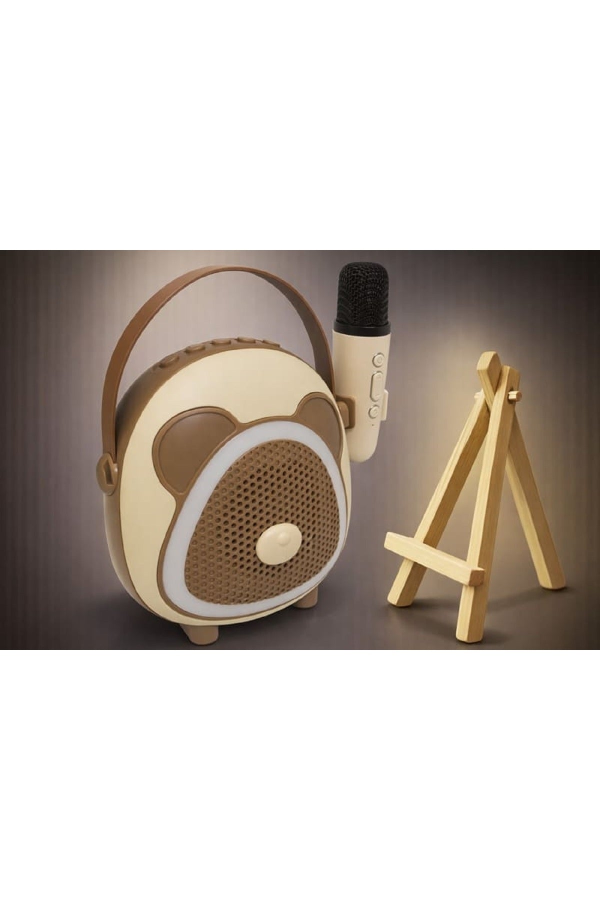 Çocuk Karaoke Mikrofon Seti Bluetooth Hoparlör Ahşap Tripod Telefon Standlı Retro Kahverengi Karaoke