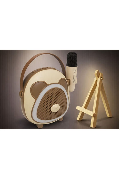 Çocuk Karaoke Mikrofon Seti Bluetooth Hoparlör Ahşap Tripod Telefon Standlı Retro Kahverengi Karaoke