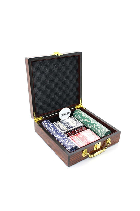 Ahşap Kutulu Çantalı Texas Holdem 100 Cips Poker Black Jack Oyun Seti