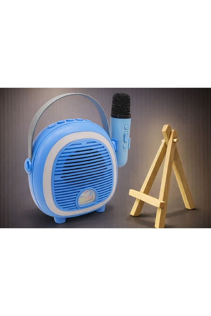 Çocuk Karaoke Mikrofon Seti Bluetooth Hoparlör Ahşap Tripod Telefon Standlı Retro Mavi Karaoke