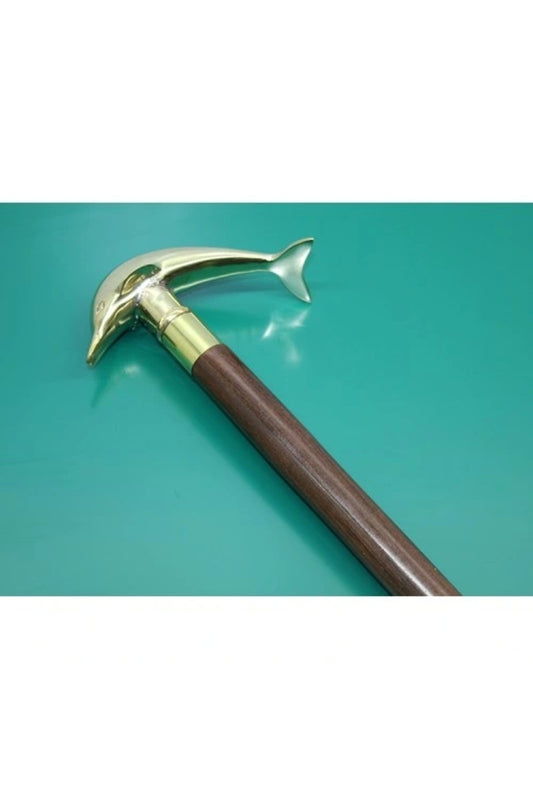 100cm Pirinç Başlıklı Ahşap Saplı Yunus Balığı Baston