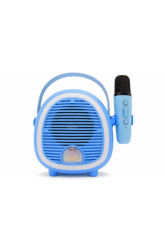 Çocuk Karaoke Mikrofon Seti Bluetooth Hoparlör Ahşap Tripod Telefon Standlı Retro Mavi Karaoke