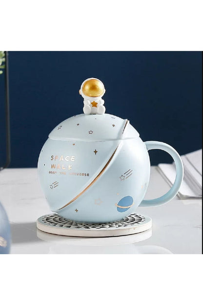400ml Uzay Seramik Kaşıklı Fincan Kapak Sevimli Astronot Kupa