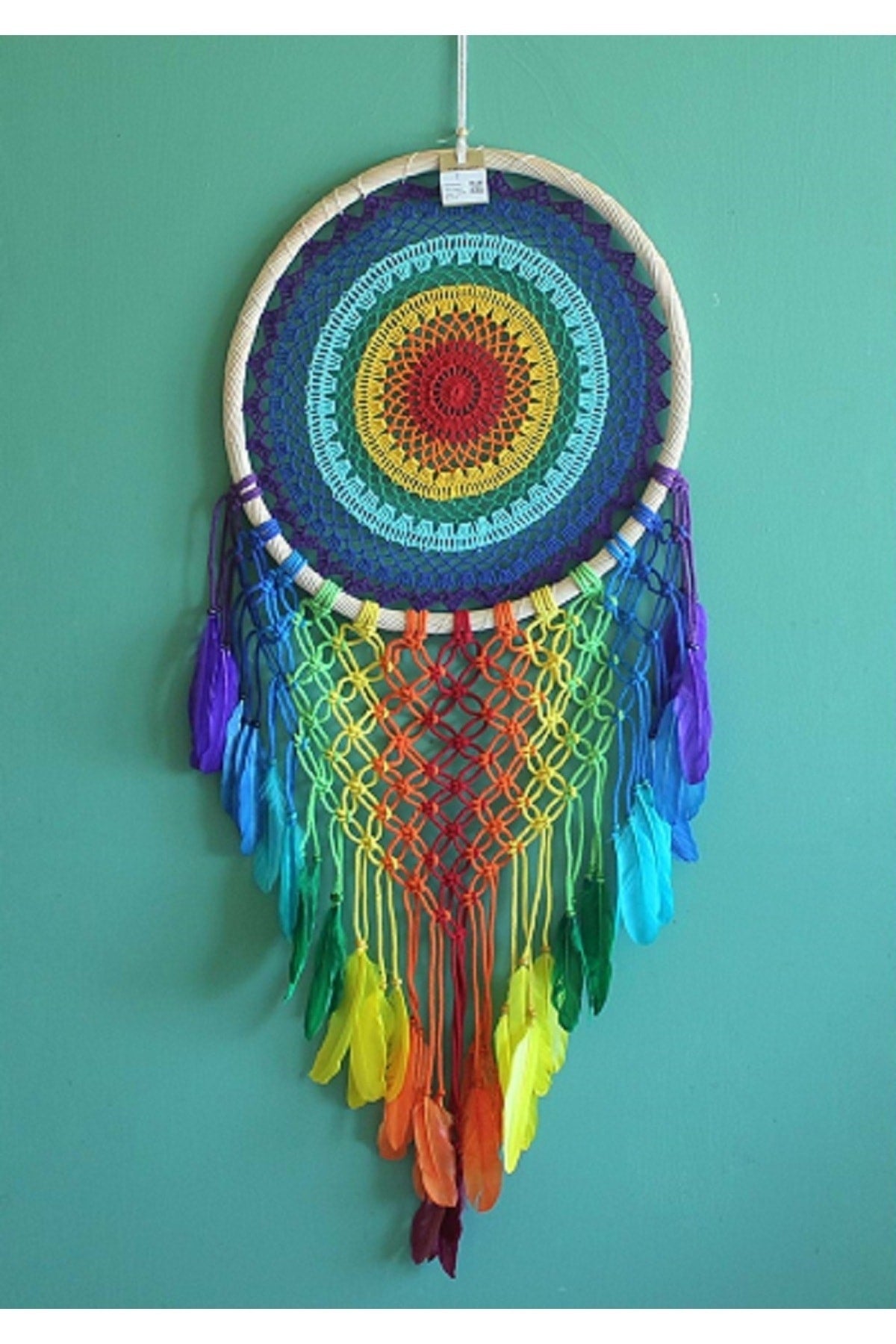 Natürel Hasır Kasnaklı Makrome Gökkuşağı Rüya Kapanı / Dreamcatcher
