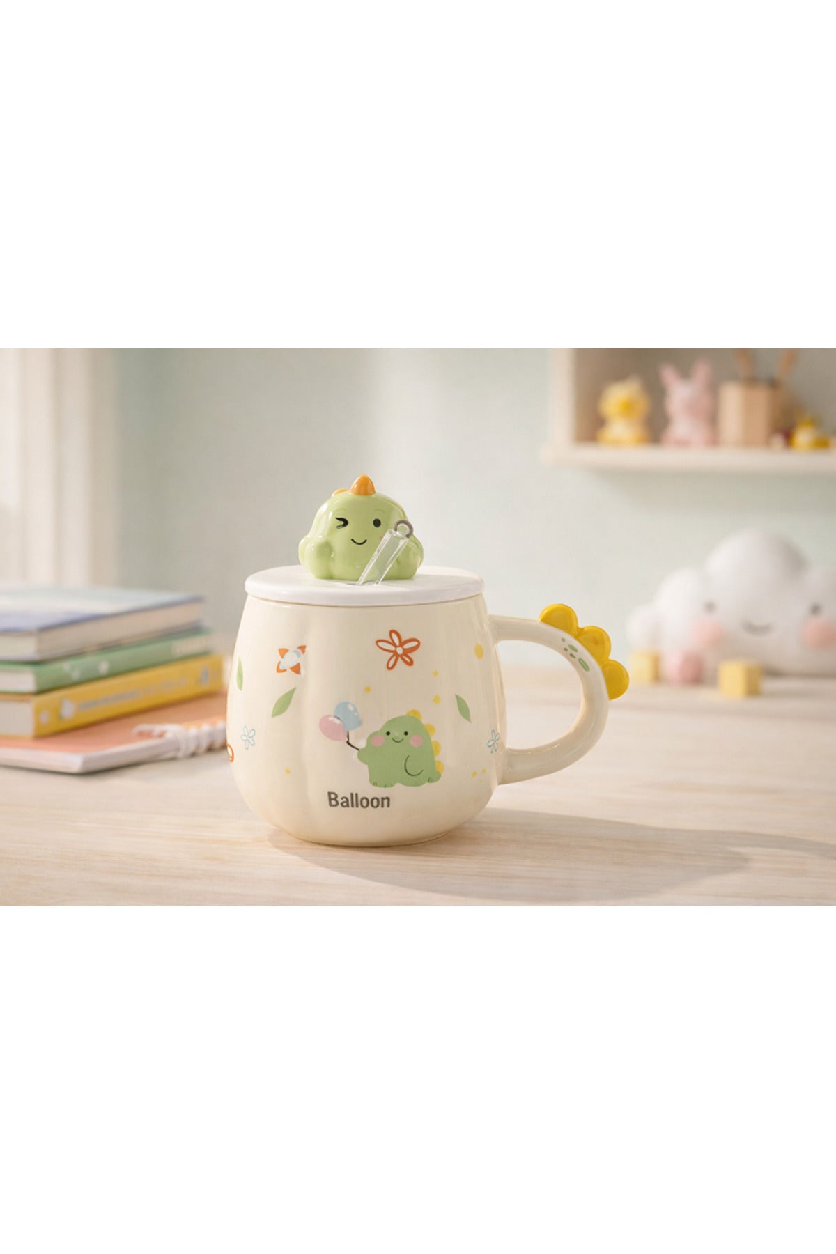 Sevimli Dinozor Kapaklı Seramik Kupa Bardak 500 ML – Pipetli Mousse Tasarımlı Kahve & Çay Kupası