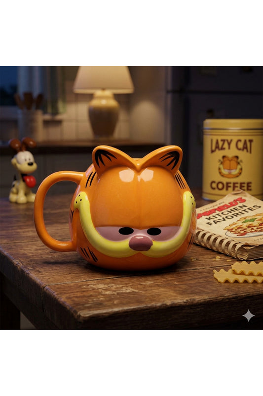 Garfield 3D Kabartmalı Seramik Kupa Bardak - Retro Karakter Tasarım Turuncu Kahve Kupası