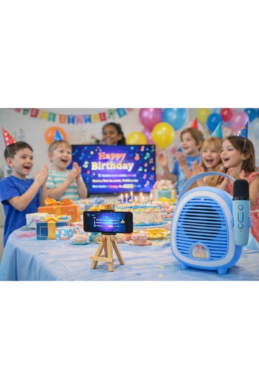 Çocuk Karaoke Mikrofon Seti Bluetooth Hoparlör Ahşap Tripod Telefon Standlı Retro Mavi Karaoke