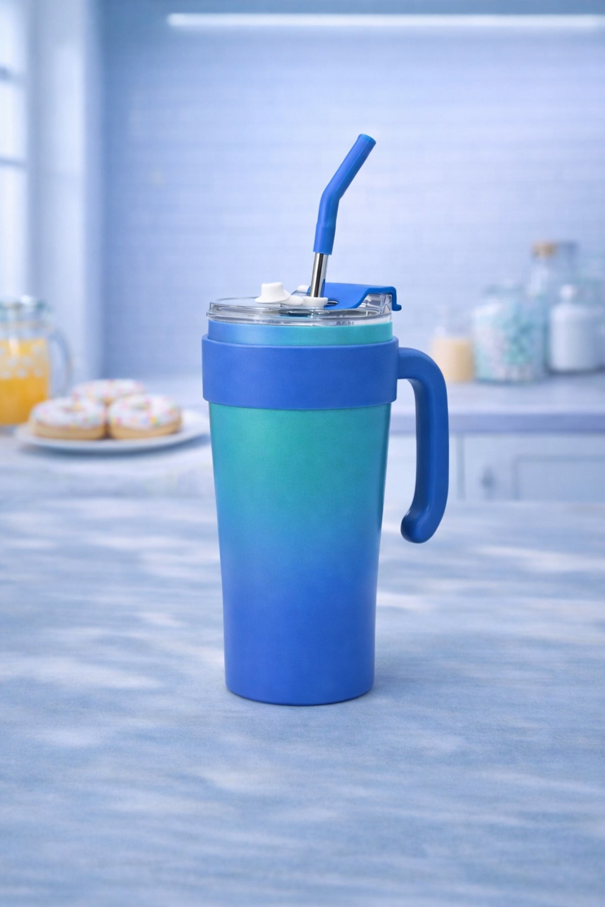 Paslanmaz Çelik Termos Bardak Pipetli Kapaklı Taşınabilir Soğuk Sıcak İçecek Mug