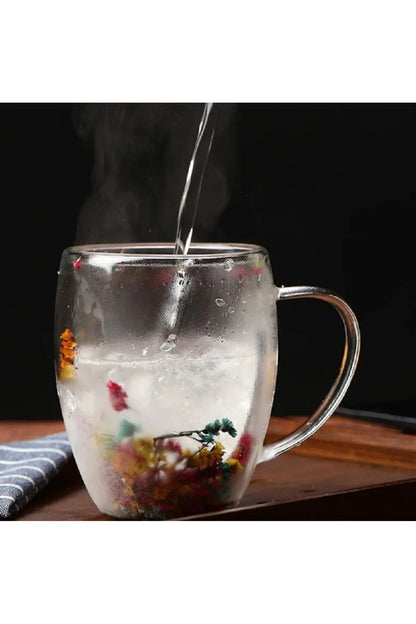 350ml Çiçekli Cam Isıya Dayanıklı Çift Katmanlı Borosilikat Ofis Kupa Kahve Fincanı
