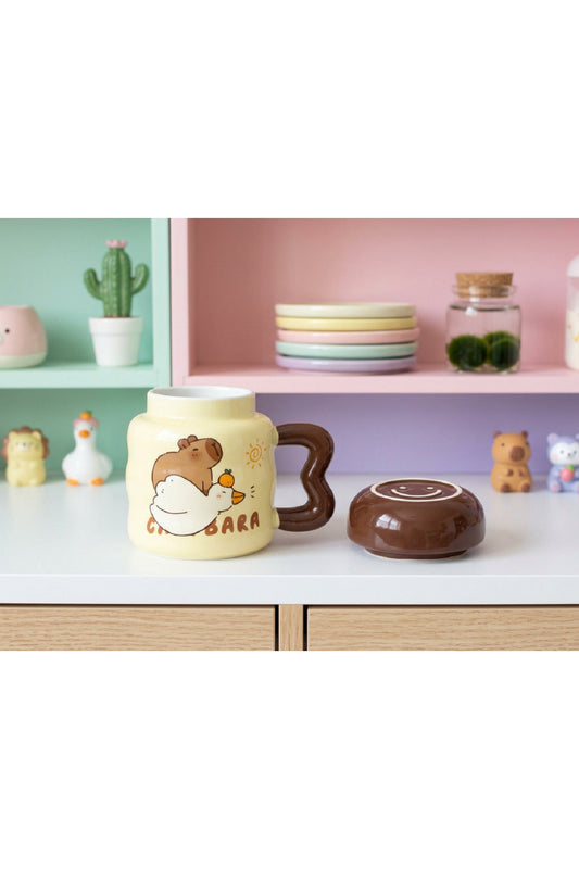 Kapaklı Kawaii Kapibara ve Ördek Desenli Seramik Kupa Bardak Sevimli Tasarım Şık Modeli